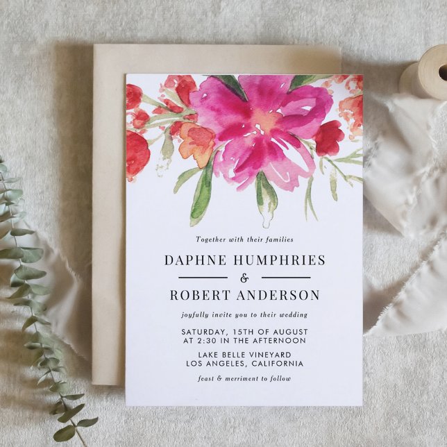 Wasserfarbe Magenta Rosa Blume Botanische Hochzeit Einladung (Magenta Pink Flowers Botanical Wedding Invitation)