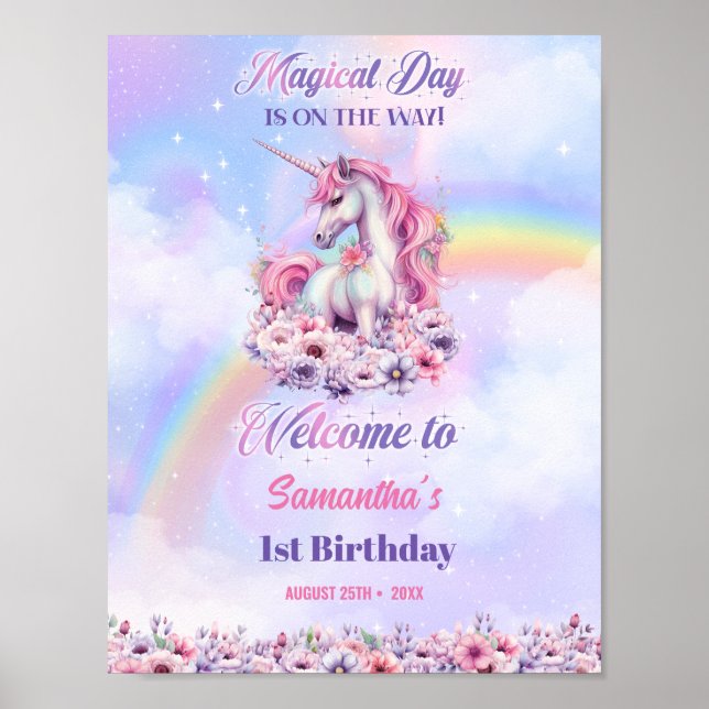 Wasserfarbe Magisches Einhorn Pastel Rainbow Gebur Poster (Vorne)