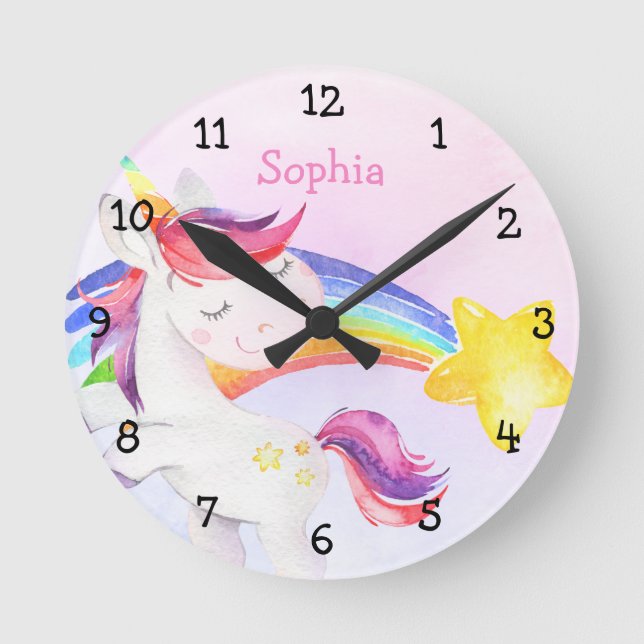 Wasserfarbe Magisches Einhorn-Regenbogen-Girl-Kind Runde Wanduhr (Vorderseite)