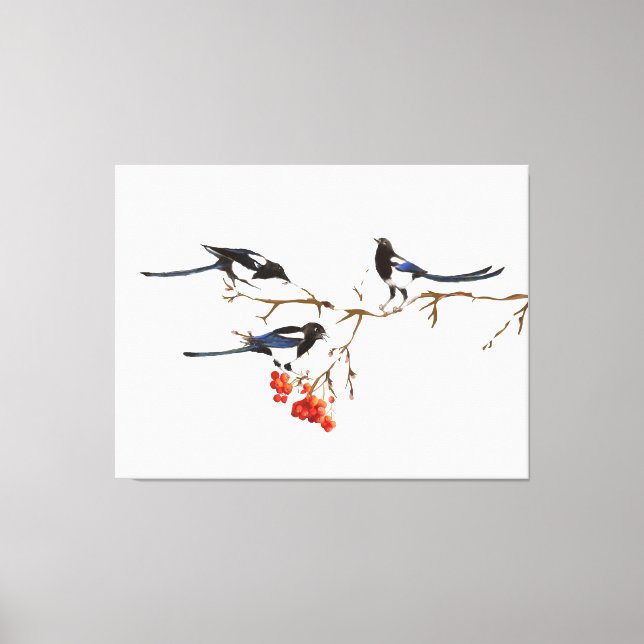 Wasserfarbe Magpie Vögel Natur Kunst Leinwanddruck (Vorderseite)