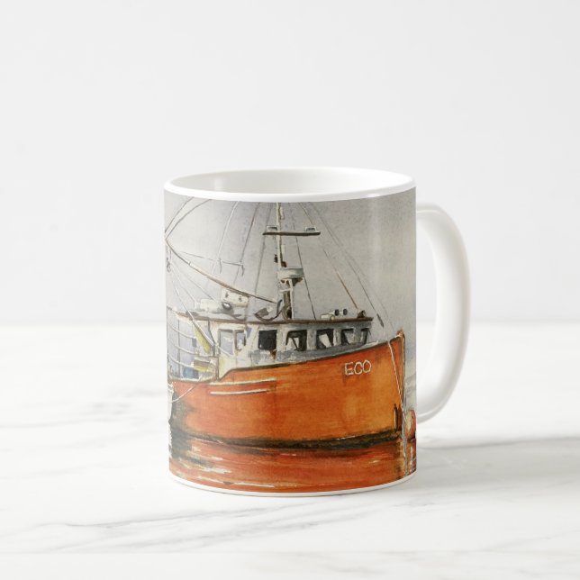 Wasserfarbe Maine Fischerboot Orange Grau Kaffeetasse (VorderseiteRechts)