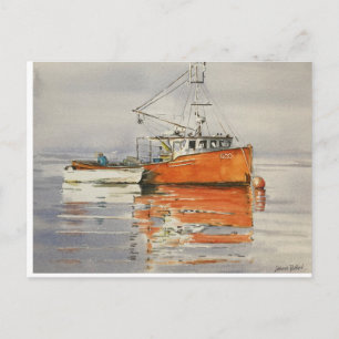 Wasserfarbe Maine Fischerboot Orange Grau Postkarte