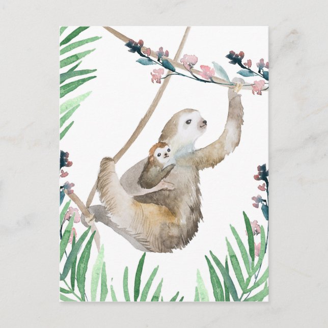 Wasserfarbe Mama und Baby Sloth Postkarte (Vorderseite)