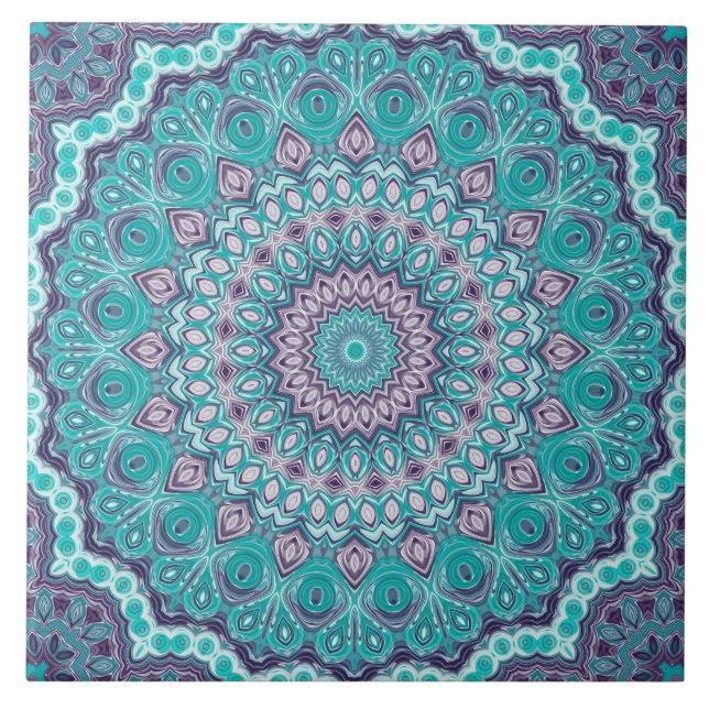 Wasserfarbe Mandala Aquamarin und Lila Fliese (Vorderseite)