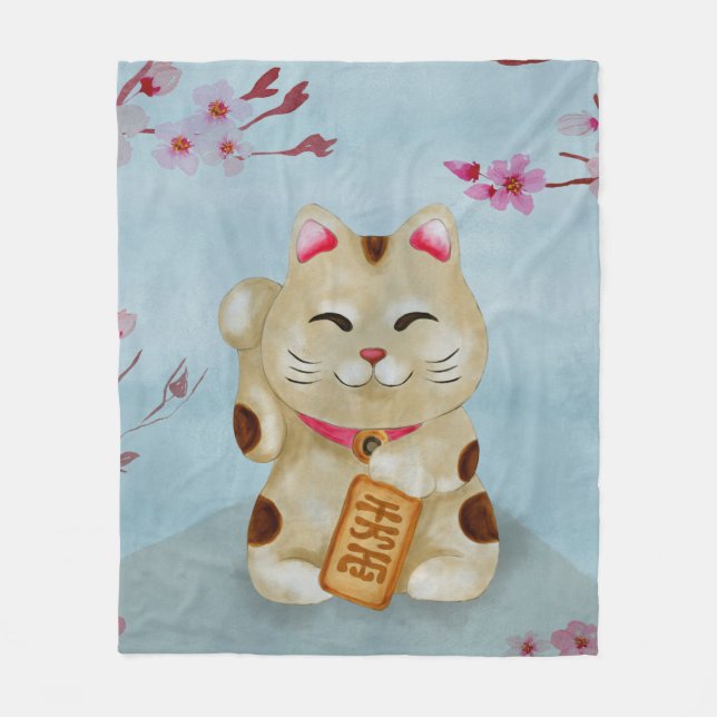 Wasserfarbe Maneki-neko Katze unter blühender Saku Fleecedecke (Vorderseite)