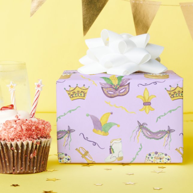 Wasserfarbe Mardi Gras Masken King Cake Crown Geschenkpapier (Geburtstagsparty)