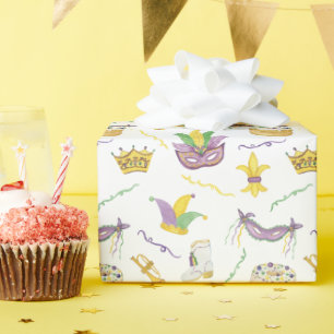 Wasserfarbe Mardi Gras Masken King Cake Crown Geschenkpapier