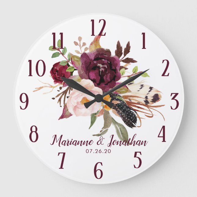 Wasserfarbe Marsala Boho Hochzeit der Wasserfarben Große Wanduhr (Vorderseite)