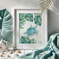 Wasserfarbe Meeresschildkröte und Monstera Blätter