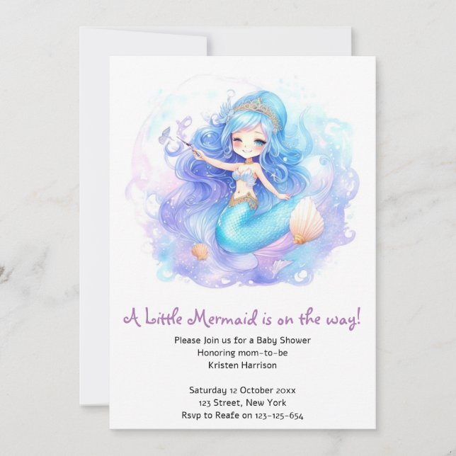 Wasserfarbe Mermaid Baby Girl Dusche Einladung (Vorderseite)