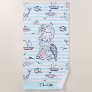 Wasserfarbe Mermaid Blaustreifen Strandtuch