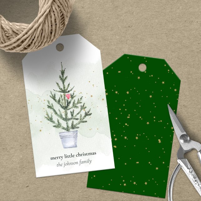 Wasserfarbe Merry Little Christmas Tree Geschenkanhänger (Cute Personalized Merry Little Christmas Gift Tags with Christmas Green Accents)