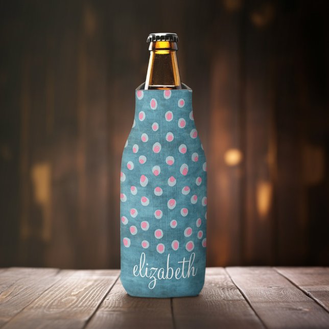 Wasserfarbe Messy Polka Dots - blau und rosa Flaschenkühler (Personalized Bottle Cooler - Add Name or Custom Text)