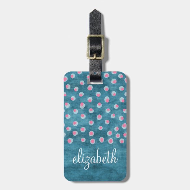 Wasserfarbe Messy Polka Dots - blau und rosa Gepäckanhänger (Vorderseite vertikal)