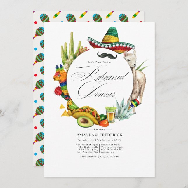 Wasserfarbe mexikanische Fiesta Probe Abendessen Einladung (Vorne/Hinten)