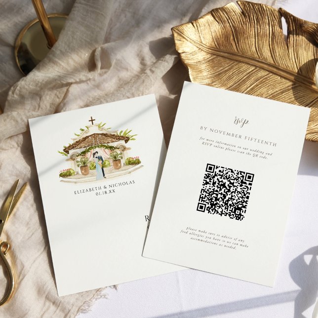 Wasserfarbe Mexiko Hacienda | QR Code Wedding RSVP Karte (Von Creator hochgeladen)