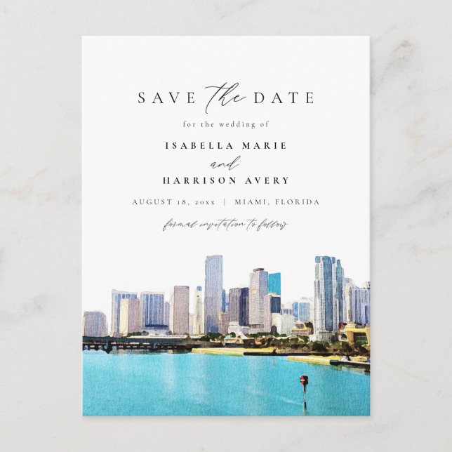 Wasserfarbe Miami Florida Skyline Save the Date Postkarte (Vorderseite)