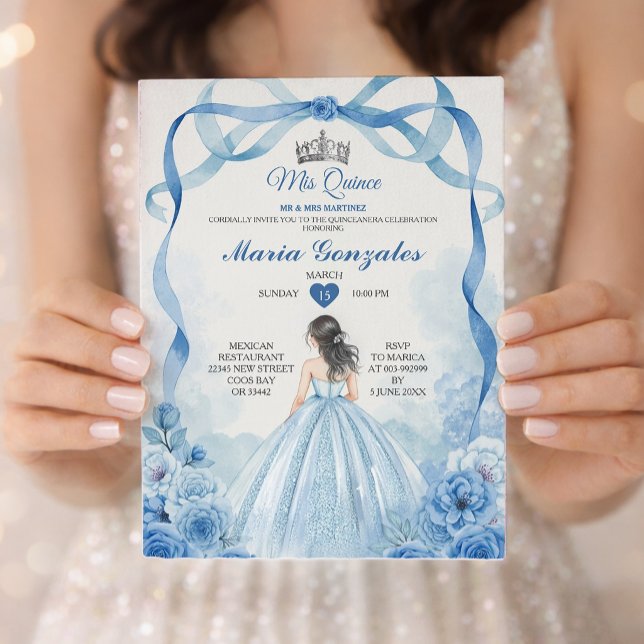 Wasserfarbe Mis Quince Dusty Blue Quinceañera Einladung (Von Creator hochgeladen)