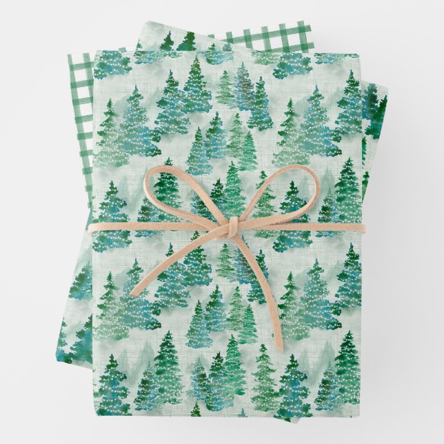 Wasserfarbe Misty Pine Weihnachtsbaumwald Geschenkpapier Set (Beispiel)