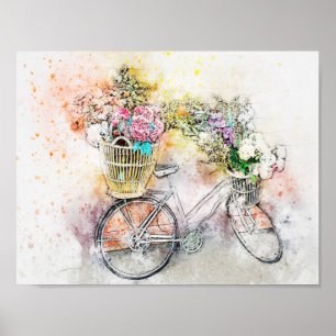 Wasserfarbe Mix Media Bike & Blume 1 Poster