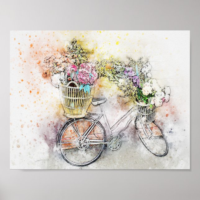 Wasserfarbe Mix Media Bike & Blume 1 Poster (Vorne)