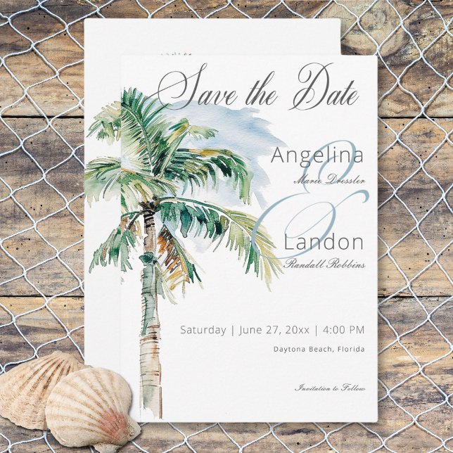 Wasserfarbe Moderne Palmen & Strand Szene Save The Date (Watercolor Modern Palms & Beach Scene Wedding Save the Date Card)