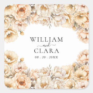 Wasserfarbe Moderne Peony Pastel Floral Hochzeit Quadratischer Aufkleber