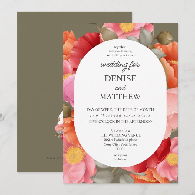 Wasserfarbe Mohn auf Martini Olivenbaum Grün Einladung (Vorne/Hinten)