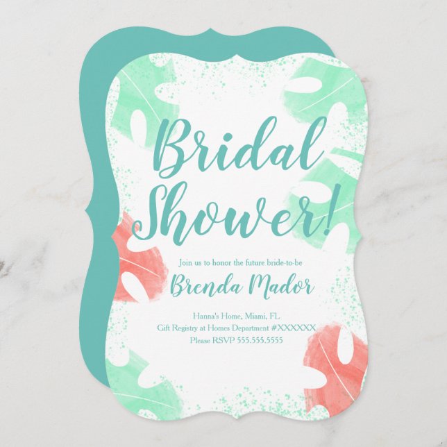 Wasserfarbe Monstera Blätter Kinderdusche Korallen Einladung (Vorne/Hinten)