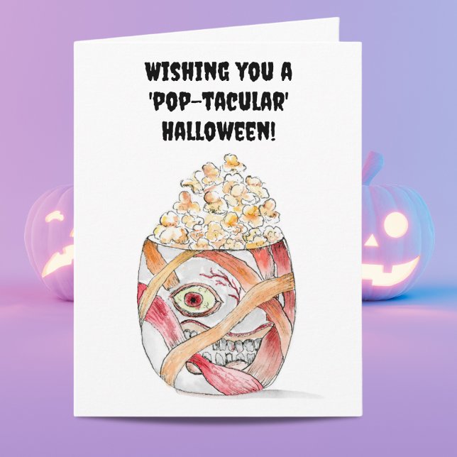 Wasserfarbe Mummy Popcorn Happy Halloween Karte (A fun unique watercolor Popcorn Halloween card for family and friends.)