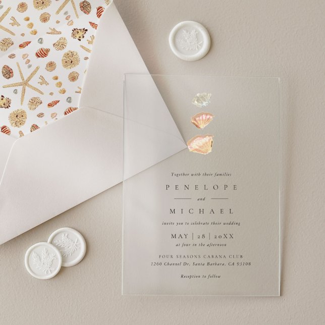 Wasserfarbe Muscheln Elegante Minimalistische Hoch Acryleinladungen (Watercolor Seashells Elegant Minimalist Wedding Acrylic Invitations)