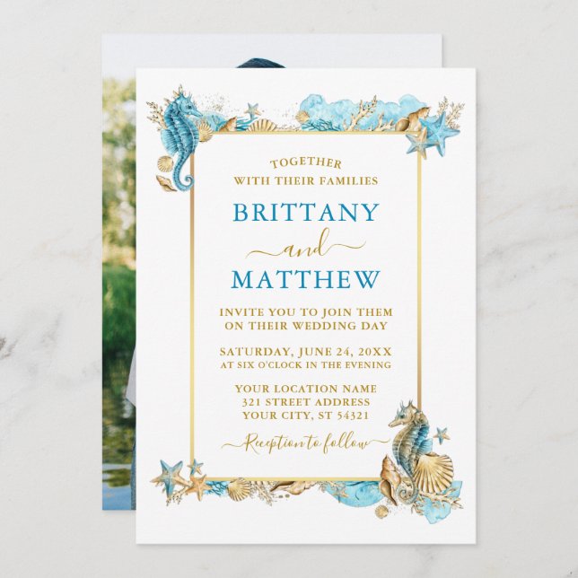 Wasserfarbe Muscheln Korallen Foto Blue Wedding Einladung (Vorne/Hinten)