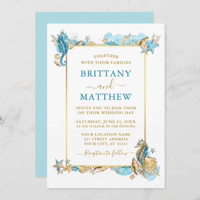 Wasserfarbe Muscheln Korallenküste Hochzeit Blau Einladung (Vorne/Hinten)