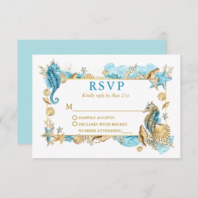 Wasserfarbe Muscheln Korallenküste Hochzeit Gold RSVP Karte (Vorne/Hinten)