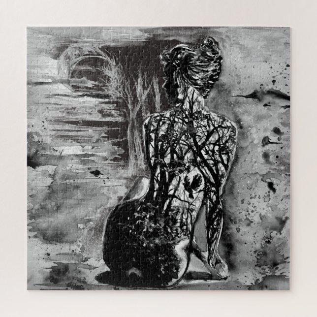 Wasserfarbe - Naturdame - Schwarz-Weiß-Malerei Puzzle (Vertikal)