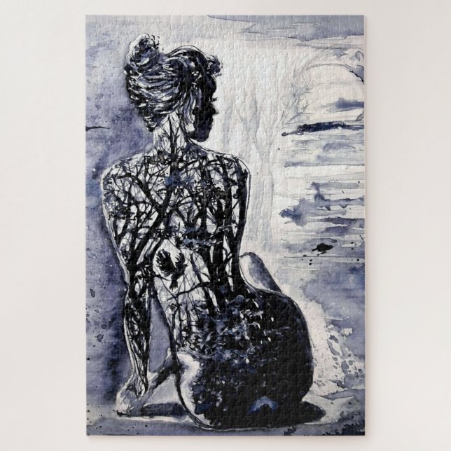 Wasserfarbe - Naturdame - Schwarz & Weiß - Puzzle (Vertikal)