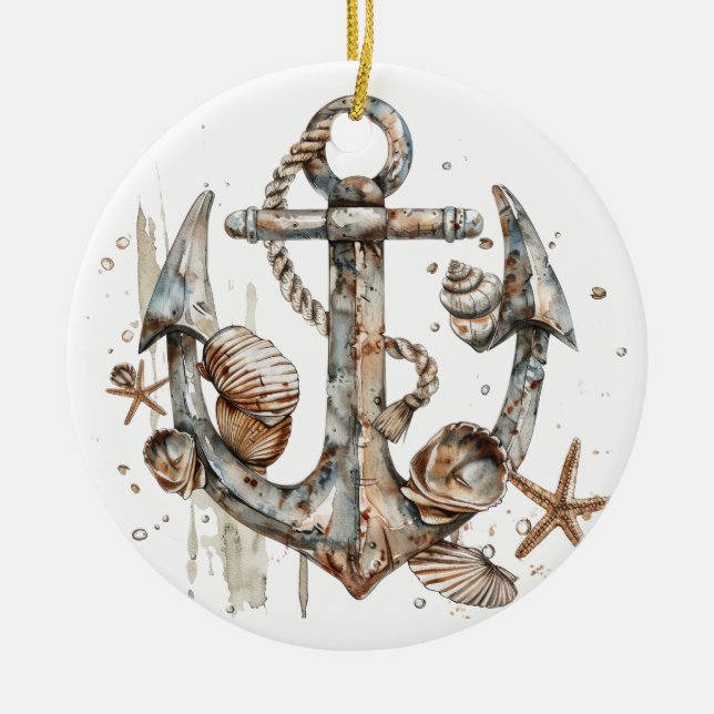 WASSERFARBE NAUTISCHER ANCHOR MIT SAASHELLEN KERAMIK ORNAMENT (Vorne)