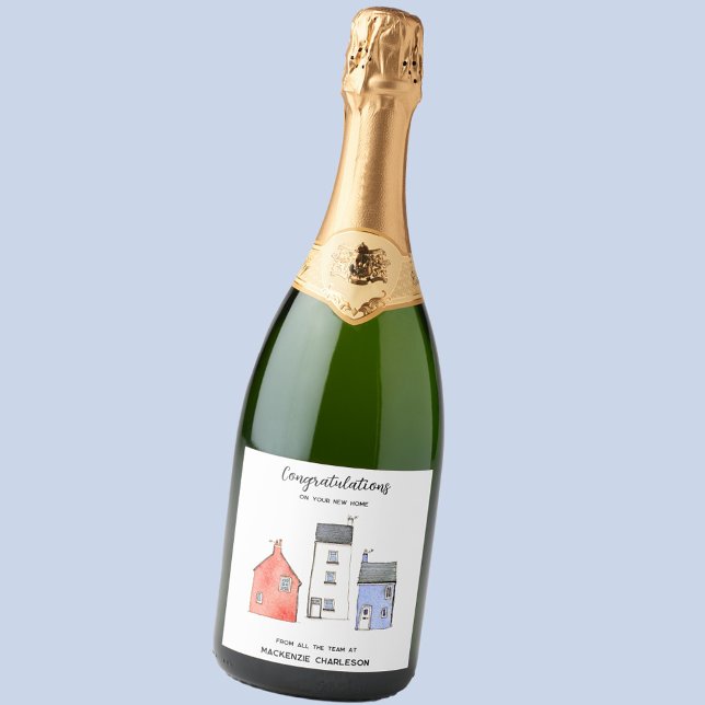 Wasserfarbe Neue Zuhause Real Anwesen Herzlichen G (Custom text congratulations on your new home real estate letting agent promotional bottle label)