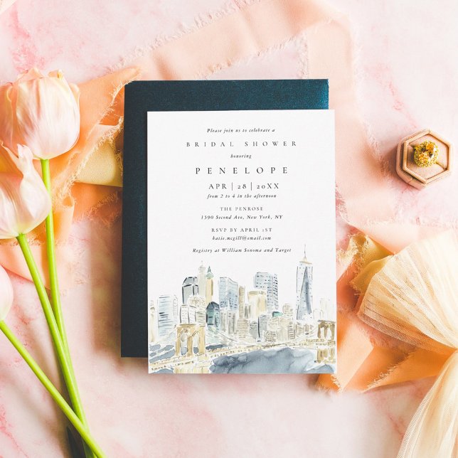 Wasserfarbe New York City Skyline Brautparty Einladung (New York City skyline watercolor bridal shower invitation.)