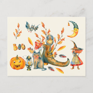 Wasserfarbe Niedlich Boo Happy Halloween Ansammlun Postkarte