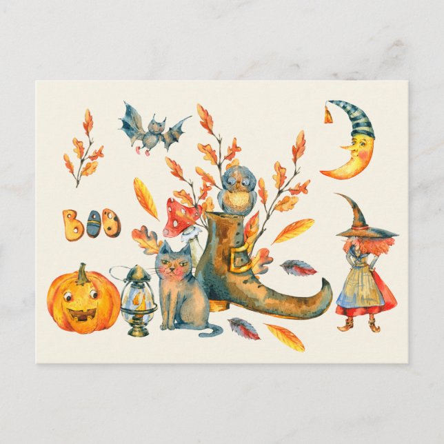 Wasserfarbe Niedlich Boo Happy Halloween Ansammlun Postkarte (Vorderseite)