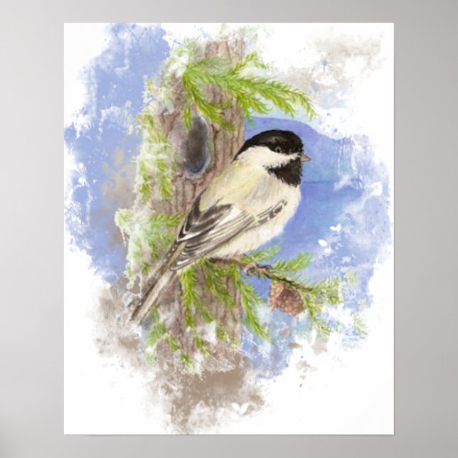 Wasserfarbe Niedlich Chickadee Bird Arte e Cultura Poster (Vorne)