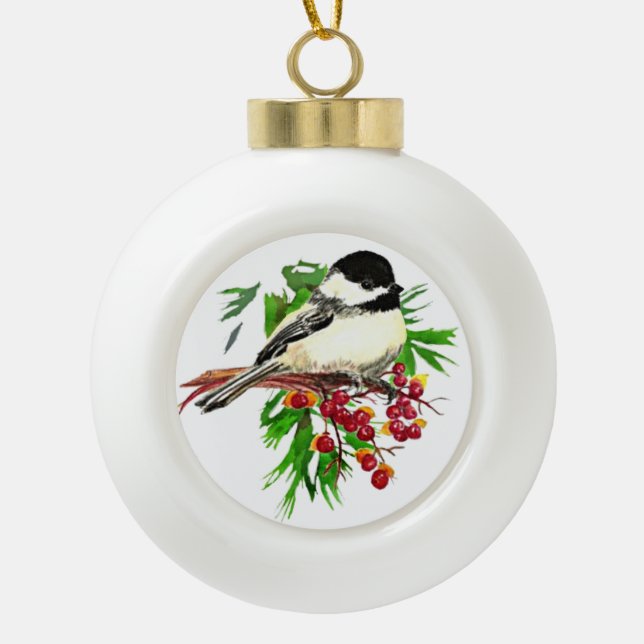 Wasserfarbe Niedlich Chickadee Bird Benutzerdefini Keramik Kugel-Ornament (Vorderseite)