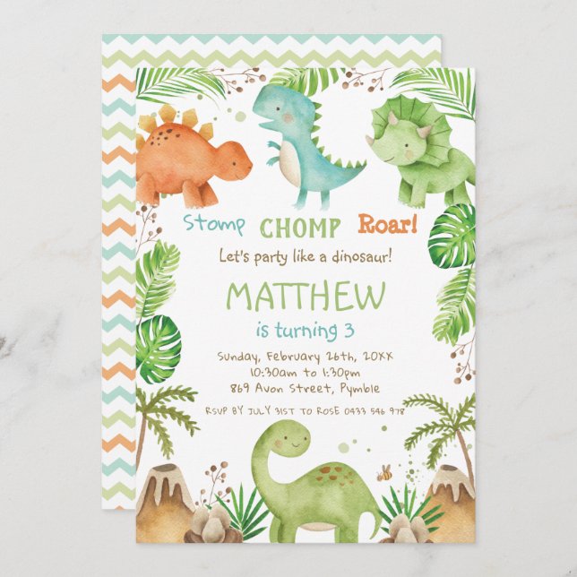 Wasserfarbe Niedlich Dinosaurier Grüne Boy Geburts Einladung (Vorne/Hinten)