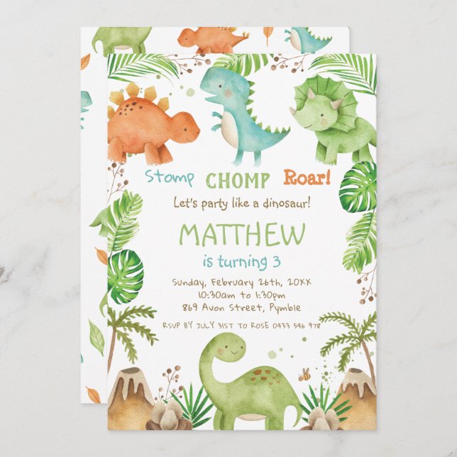 Wasserfarbe Niedlich Dinosaurier Grüne Junge Gebur Einladung (Vorne/Hinten)