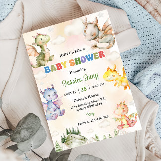 Wasserfarbe Niedlich Dragon Baby Dusche Party Einladung