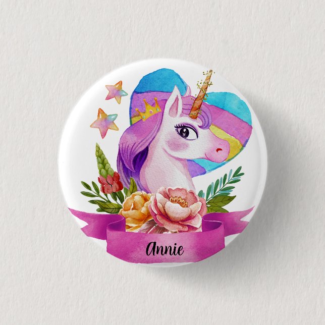 Wasserfarbe Niedlich Einhorn Individuelle Name Button (Vorderseite)
