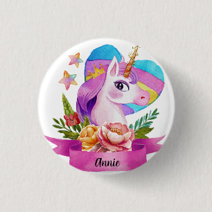 Wasserfarbe Niedlich Einhorn Individuelle Name Button