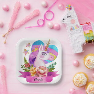 Wasserfarbe Niedlich Einhorn Individuelle Name Pappteller