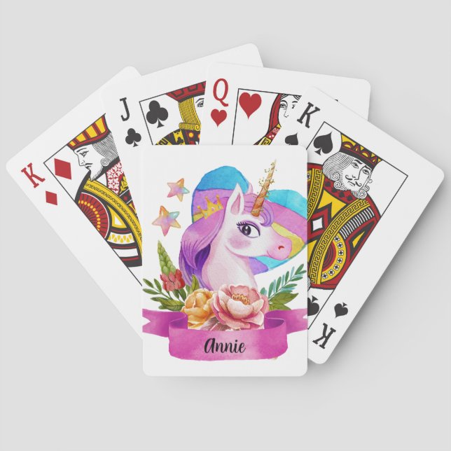 Wasserfarbe Niedlich Einhorn Individuelle Name Spielkarten (Rückseite)